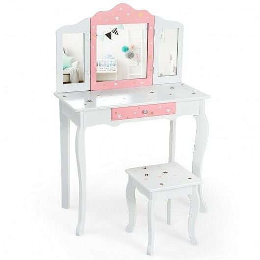 Kids Princess Vanity Table and Stool Set with Tri-folding Mirror and Drawer-Pink